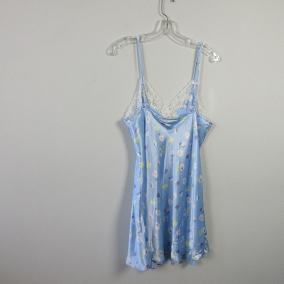 Morgan Taylor Intimates Slip Dress L Blue Satin Lace Trim Floral Lingerie 92 - Picture 2 of 10